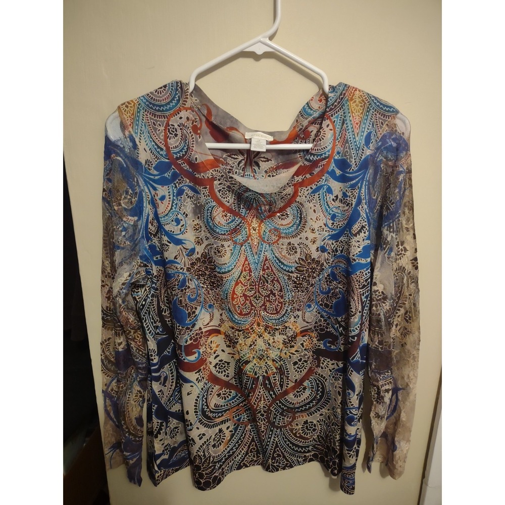 VTG Chico's Embellished Paisley Print Top Lace Sheer Sleeves Boho Artsy Gypsy
